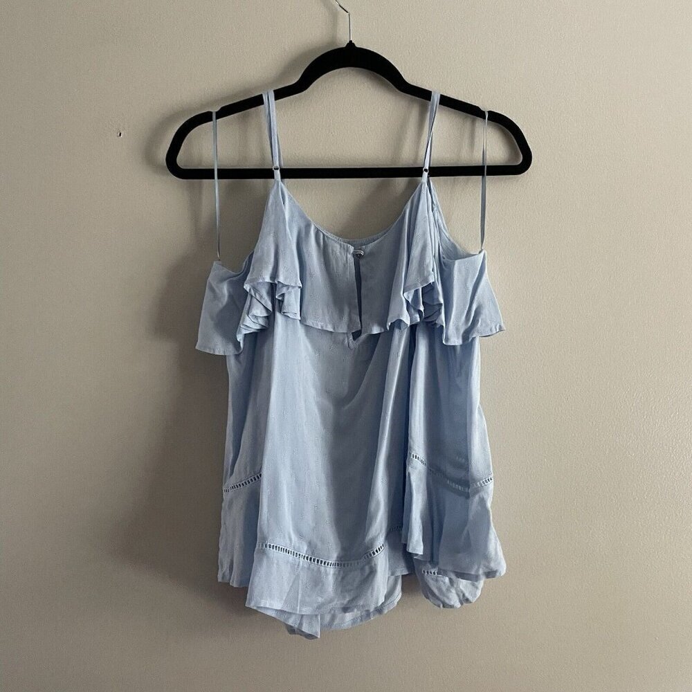 CeCe Women Sz S Blue Cold Shoulder 3/4 Sleeve Ruffled Neckline Blouse NWT - Picture 9 of 10